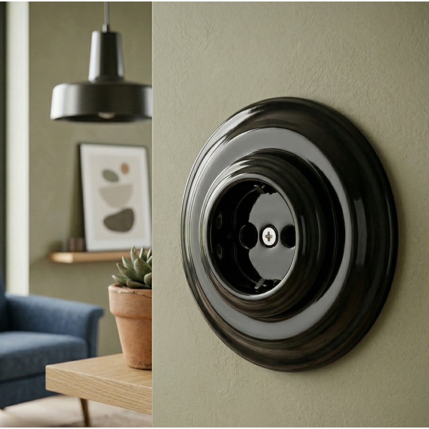 Bohemia-Design - Prise murale rétro en porcelaine avec cadre SCHUKO 250 V/16 A, noire