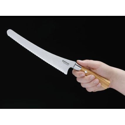 Böker - Couteau à pain en acier damassé DAMAST OLIVE 23,5 cm, manche en bois d'olivier
