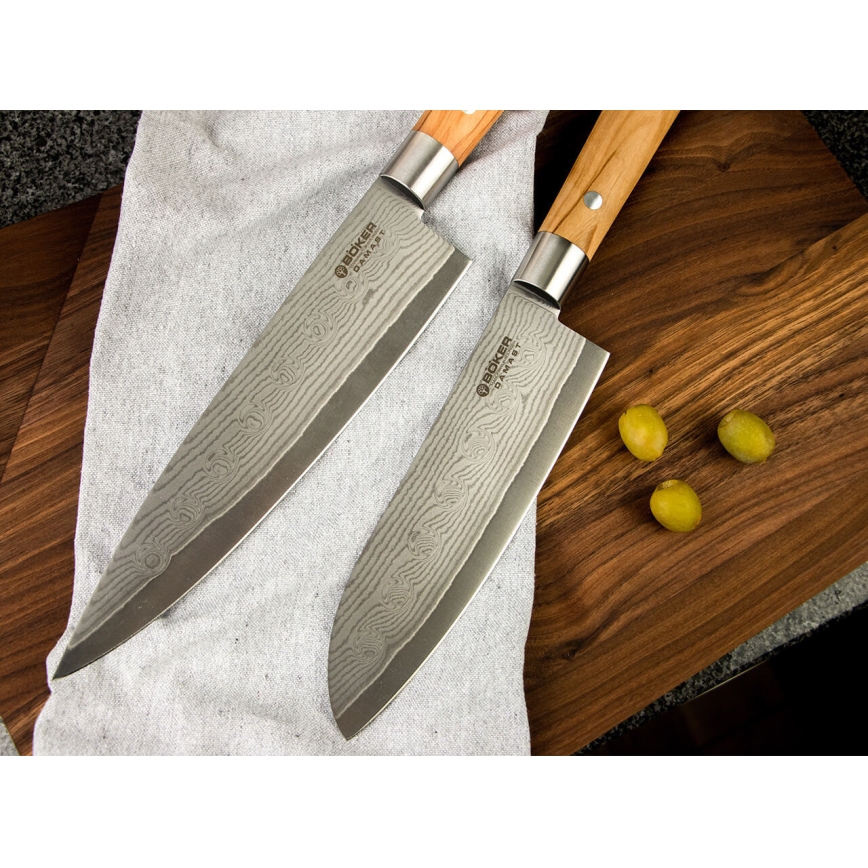 Böker - Couteau de cuisine santoku damassé DAMAST OLIVE 17,2 cm bois d'olivier