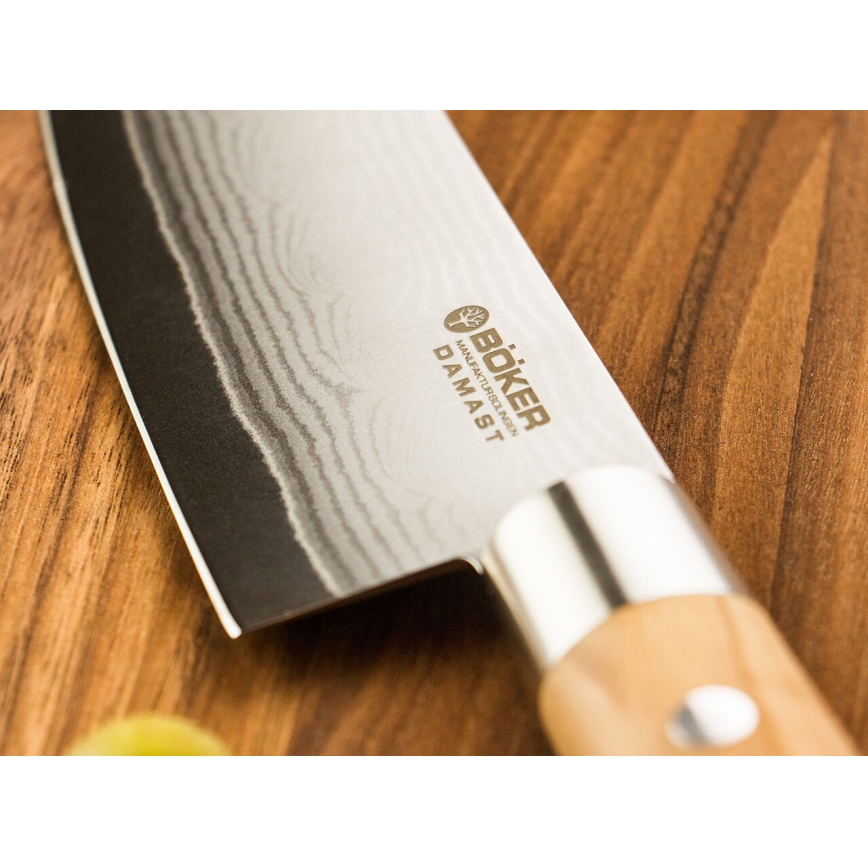 Böker - Couteau de cuisine santoku damassé DAMAST OLIVE 17,2 cm bois d'olivier