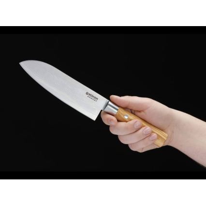Böker - Couteau de cuisine santoku damassé DAMAST OLIVE 17,2 cm bois d'olivier