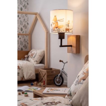 BRILAGI - Lampe murale pour enfant BOBO WOOD 1xE27/25W/230V chêne/noir/blanc/motifs d'animaux