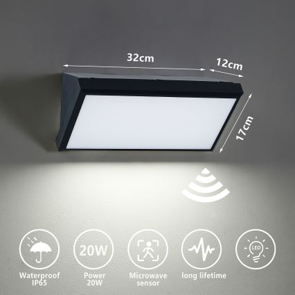 Brilagi - Applique murale extérieure avec détecteur TRIANGLE LED/20W/230V noir IP65