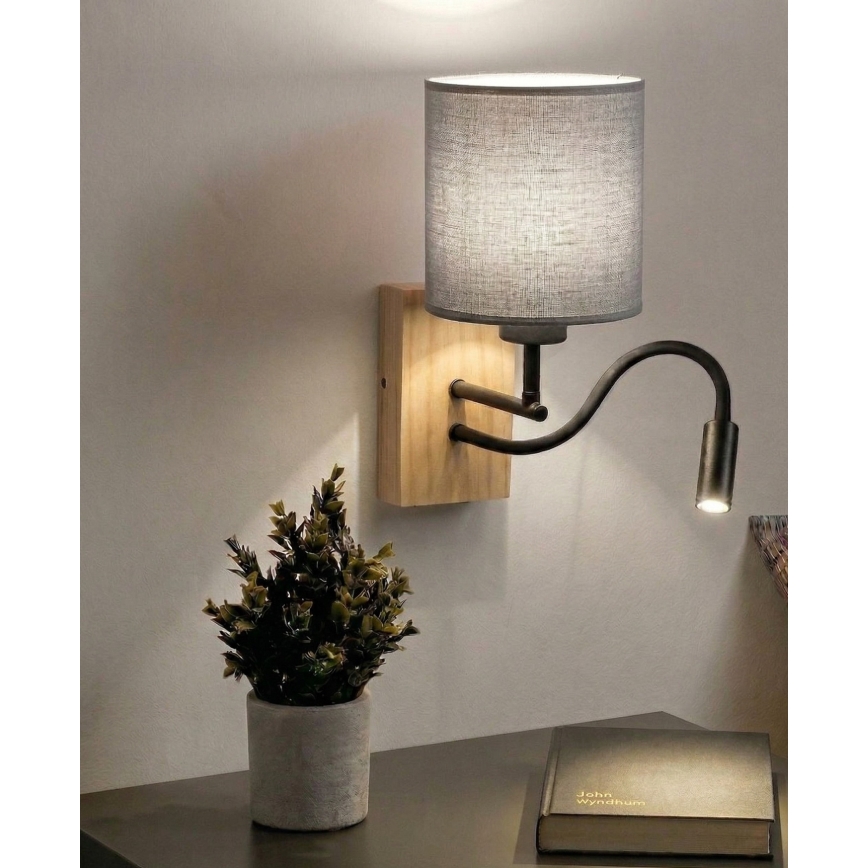 Brilagi - Applique murale LED flexible NUBILA WOOD 1x E27/25W/230V + LED 3W, chêne/noir/gris clair
