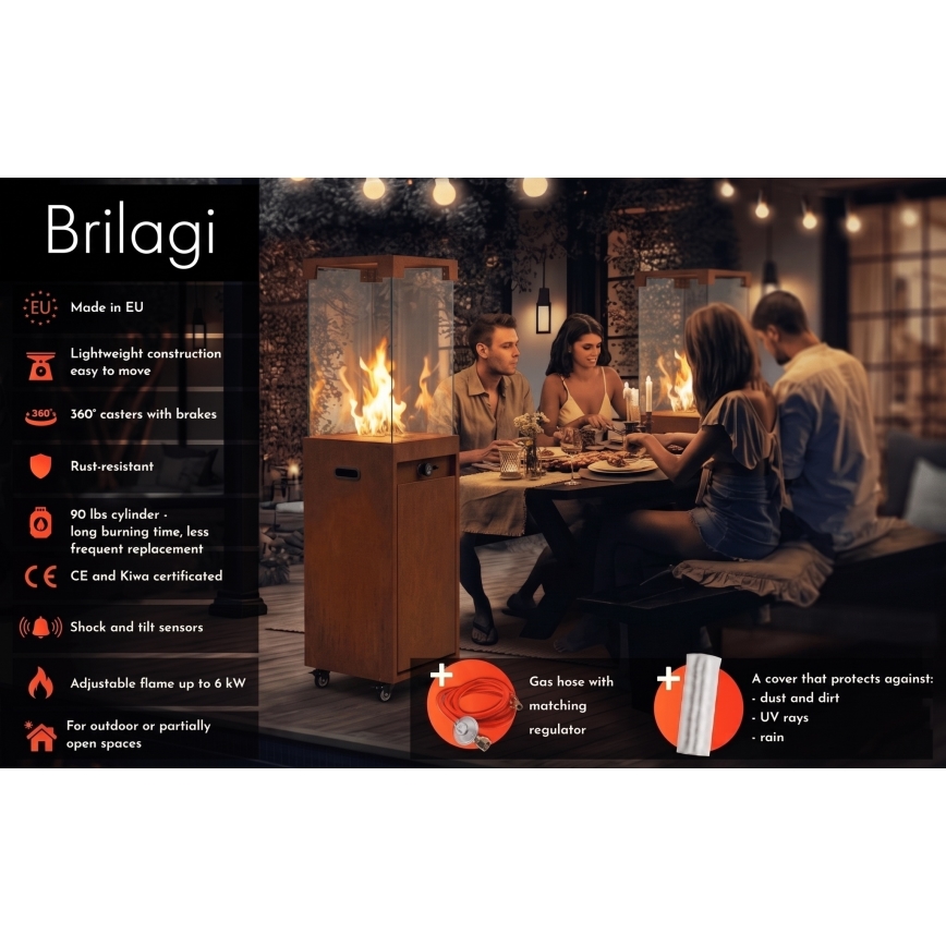 BRILAGI - Cheminée extérieure à gaz FLARO GAS 142x36 cm 8kW 1xAAA rouille/marron + housse de protection