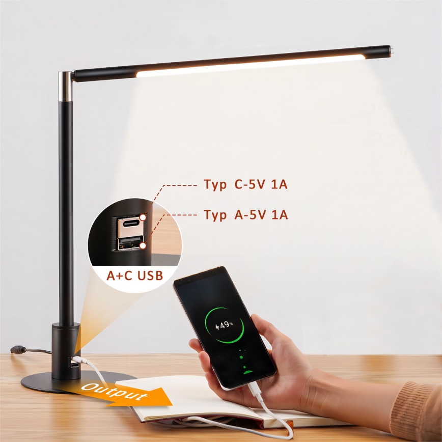 Brilagi - LED-dimbare tafellamp met aanraakbediening en USB-poorten VARIO LED/7W/230V 3000-6500K CRI 96 zwart