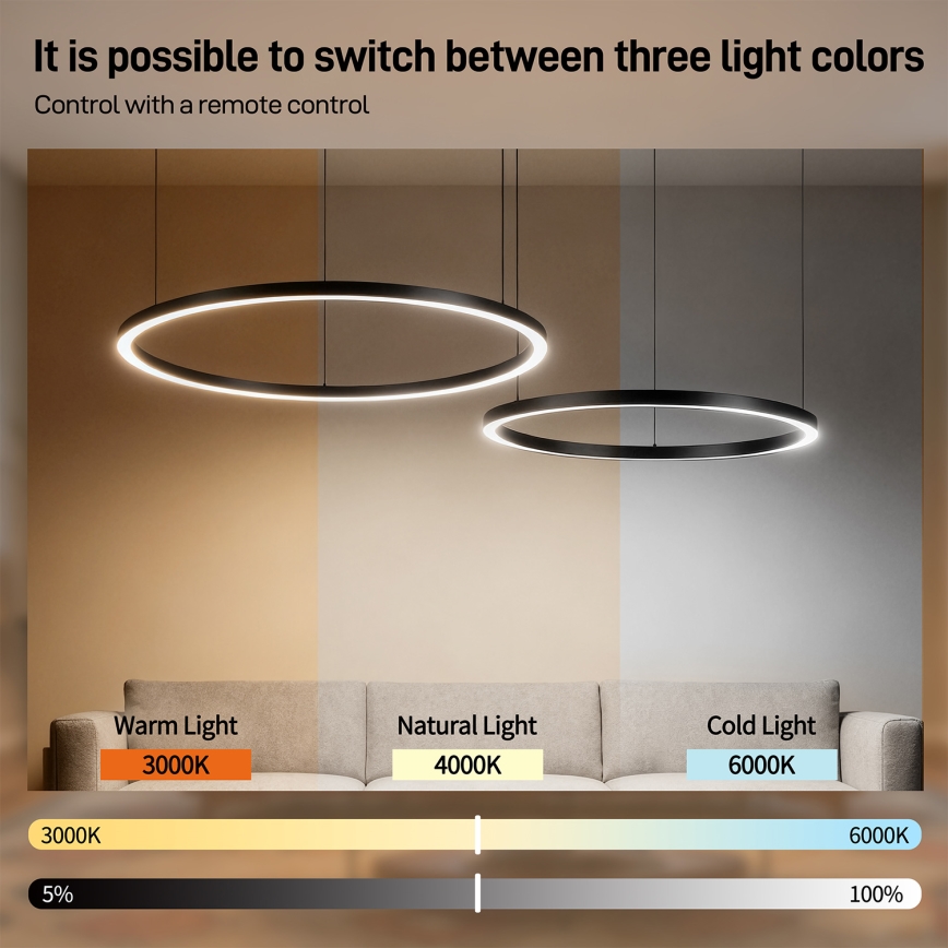 BRILAGI - LED-dimbare hanglamp met kabel PORTOFINO LED/98W/230V 3000-6000K zwart + afstandsbediening