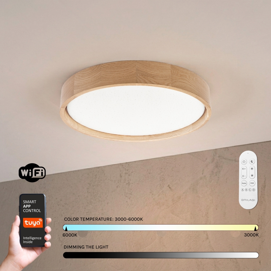 Brilagi - LED dimbare plafondlamp MANAROLA SMART STARS LED/24W/230V 3000-6000K Wi-Fi Tuya Beacon Ø 41 cm eiken + afstandsbediening