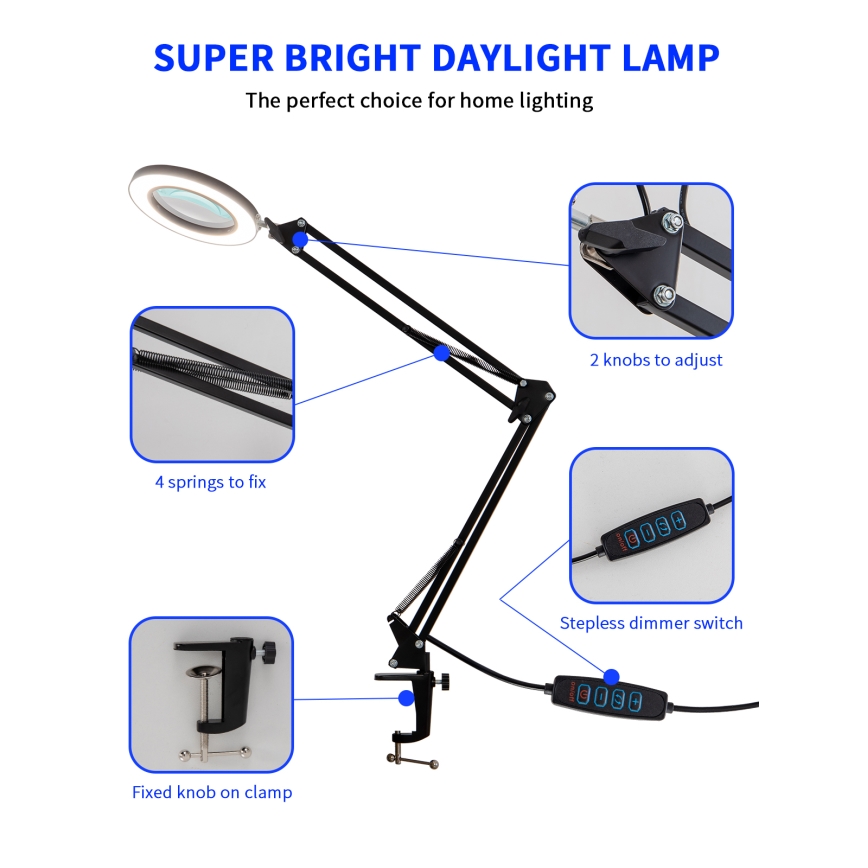 Brilagi - Dimbare LED tafellamp met een vergrootglas ​ LENS LED/12W/5V 3000/4200/6000K zwart