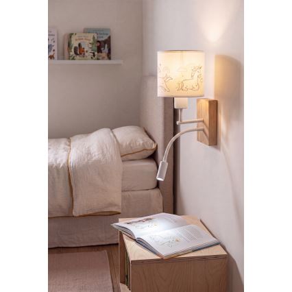 Brilagi - BOBO WOOD flexibele LED-wandlamp voor kinderen, 1x E27/25W/230V + ingebouwde LED 3W, eik/wit/eenhoorns
