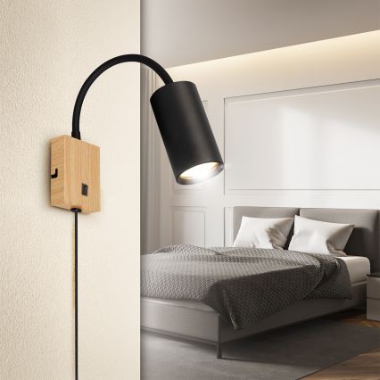 Brilagi - Flexibele wandlamp met schakelaar SELE 1xGU10/30W/230V zwart/eikendecor
