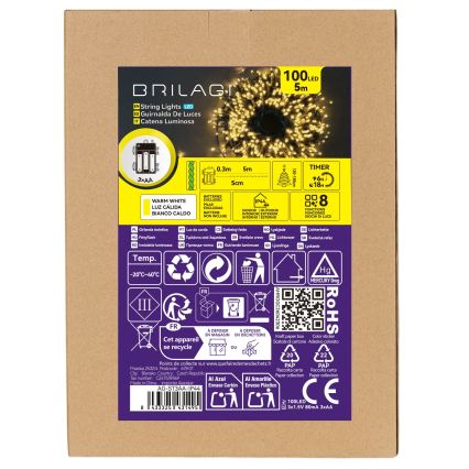 BRILAGI - Guirlande de Noël LED d'extérieur 100 LED/3xAA/8 fonctions 5,3 m IP44 blanc chaud