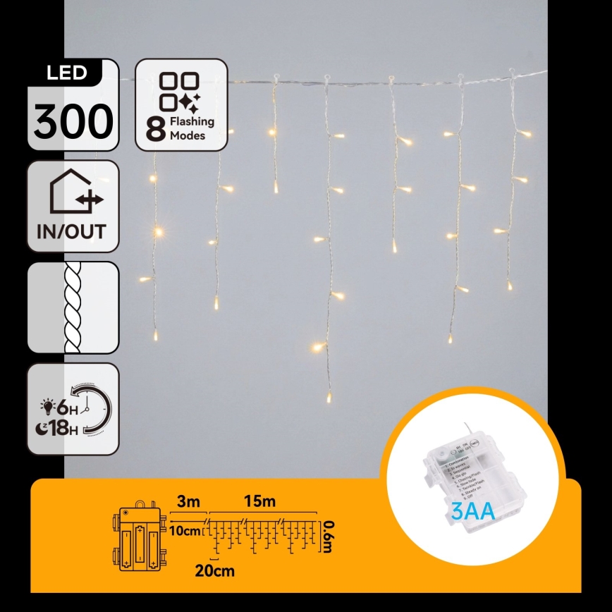 BRILAGI - Guirlande de Noël LED d'extérieur 300xLED/3xAA/8 fonctions 18x0,6m IP44 blanc chaud