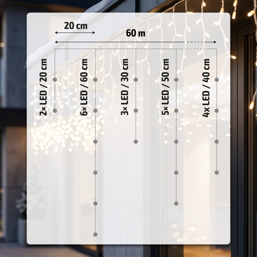 BRILAGI - Guirlande lumineuse de Noël extérieure 1200 LED / 8 fonctions, 63 m, IP44, blanc chaud, effet stalactites
