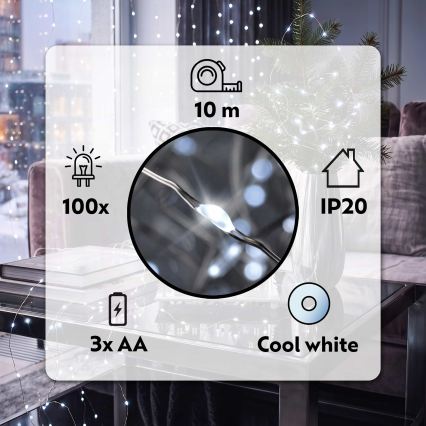 Brilagi - Guirlande lumineuse LED de Noël 100xLED/3xAA 10 m blanc froid