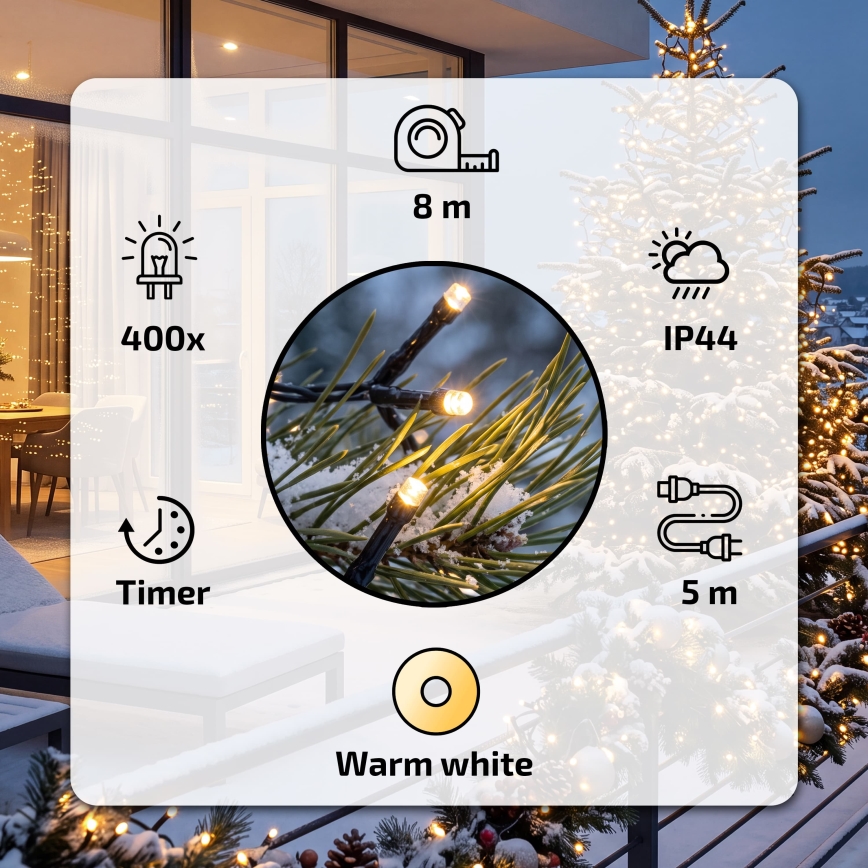BRILAGI - Guirlande lumineuse LED d'extérieur pour Noël, 400 LED, 13 m, IP44, blanc chaud