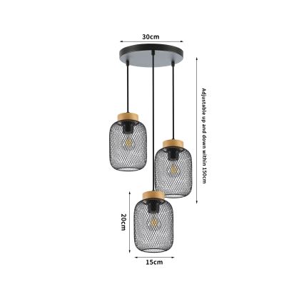 Brilagi - Hanglamp aan kabel BASKLITE 3xE27/15W/230V rubberhout/zwart
