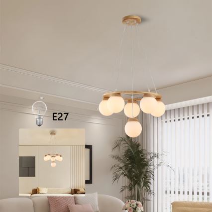 Brilagi - Hanglamp aan kabel VISBY WOOD, 6x E27 / 60W / 230V, Ø 58 cm, hout