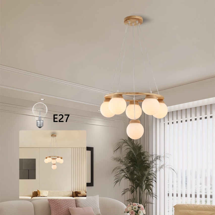 Brilagi - Hanglamp aan kabel VISBY WOOD 6xE27/60W/230V Ø 58 cm rubberhout