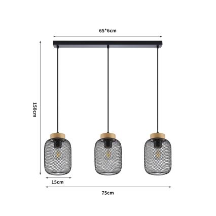 Brilagi - Hanglamp met kabel BASKLITE 3xE27/15W/230V hout/zwart