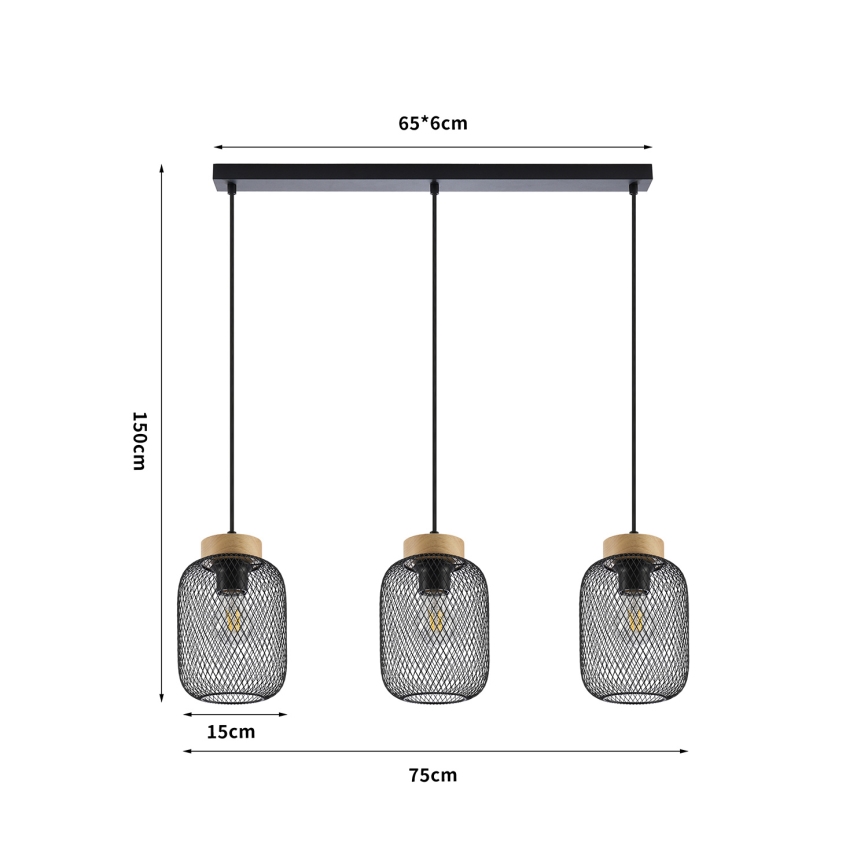 Brilagi - Hanglamp met kabel BASKLITE 3xE27/15W/230V hout/zwart