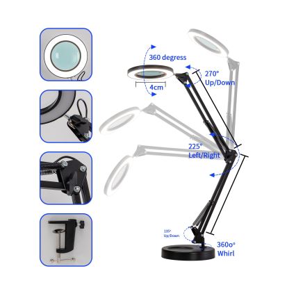 Brilagi - Lampe de table à intensité variable avec loupe LENS LED/12W/5V 3000/4200/6000K noir