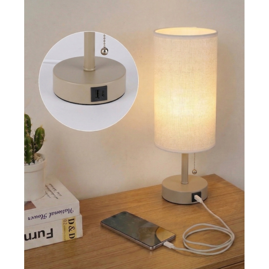 Brilagi - Lampe de table avec port USB TABLON 1xE27/25W/230V beige/blanc