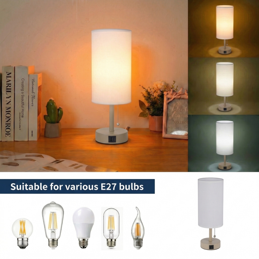 Brilagi - Lampe de table avec port USB TABLON 1xE27/25W/230V beige/blanc