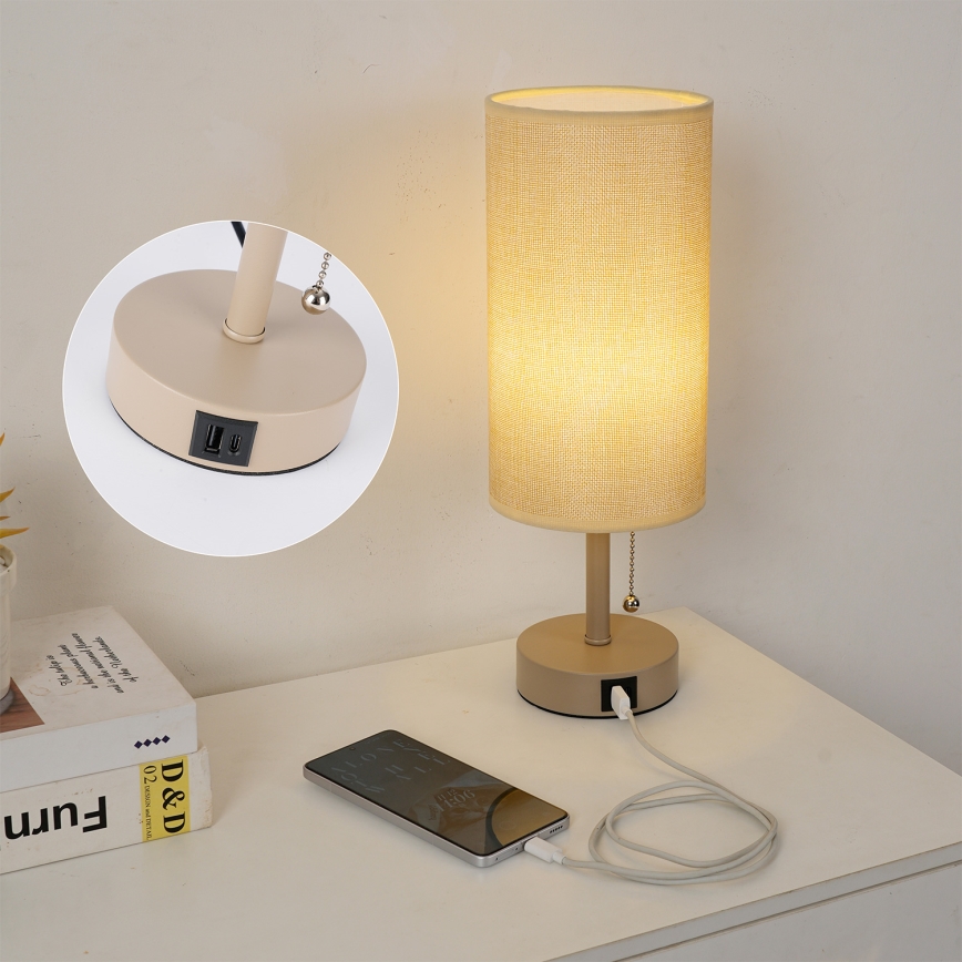 Brilagi - Lampe de table avec port USB TABLON 1xE27/25W/230V beige