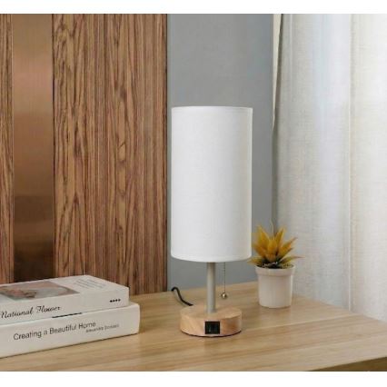 Brilagi - Lampe de table avec port USB TABLON 1xE27/25W/230V chêne/beige/blanc