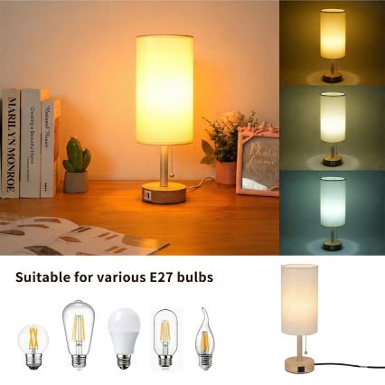 Brilagi - Lampe de table avec port USB TABLON 1xE27/25W/230V chêne/beige/crème