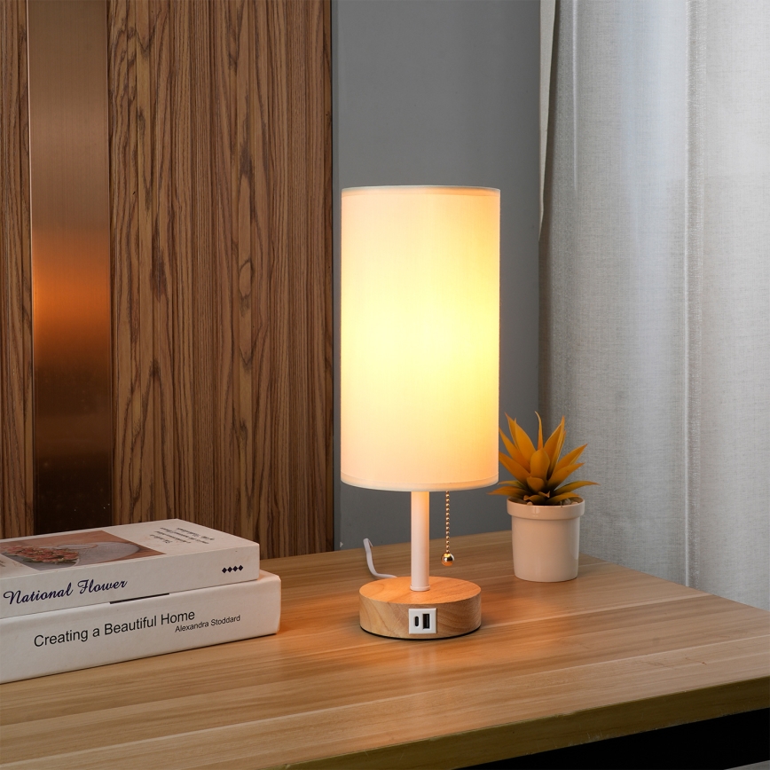 Brilagi - Lampe de table avec port USB TABLON 1xE27/25W/230V chêne/blanc/crème