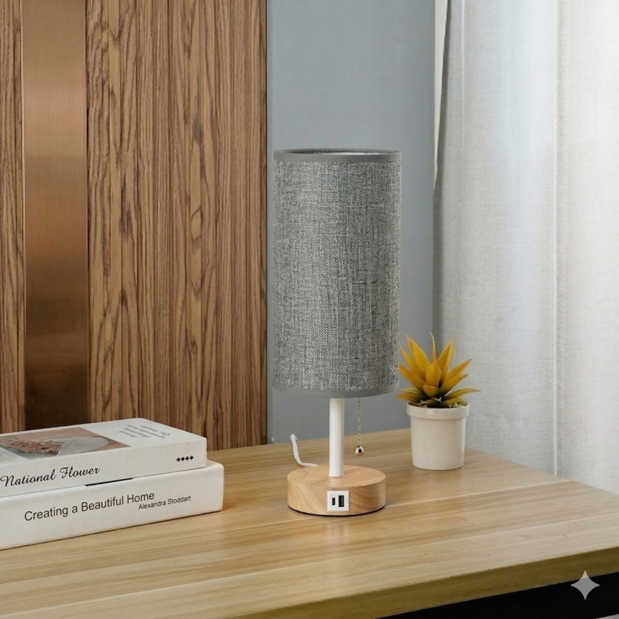 Brilagi - Lampe de table avec port USB TABLON 1xE27/25W/230V chêne/blanc/gris