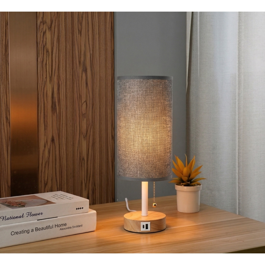 Brilagi - Lampe de table avec port USB TABLON 1xE27/25W/230V chêne/blanc/gris