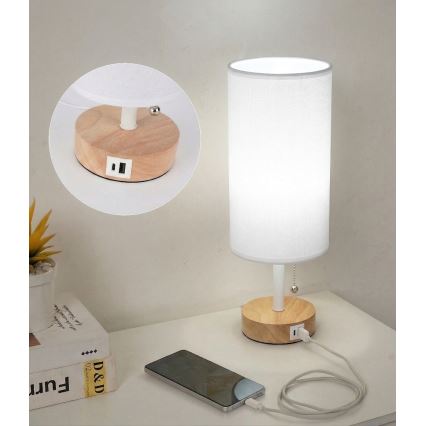 Brilagi - Lampe de table avec port USB TABLON 1xE27/25W/230V chêne/blanc