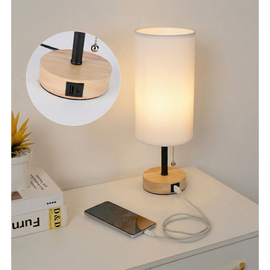 Brilagi - Lampe de table avec port USB TABLON 1xE27/25W/230V chêne/noir/blanc