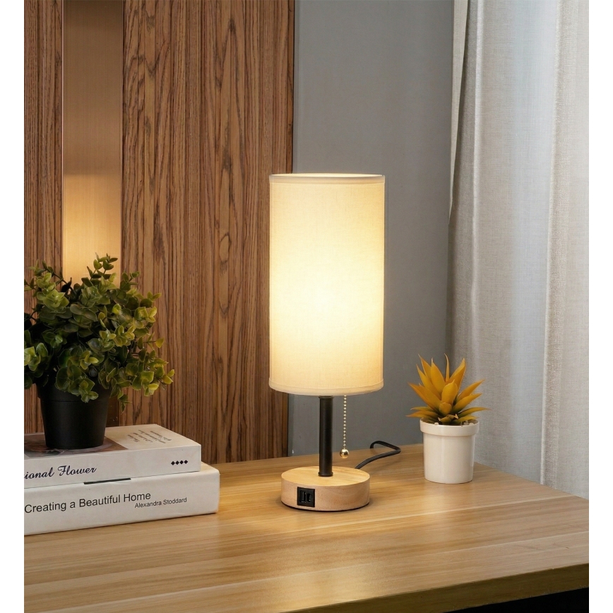 Brilagi - Lampe de table avec port USB TABLON 1xE27/25W/230V chêne/noir/blanc