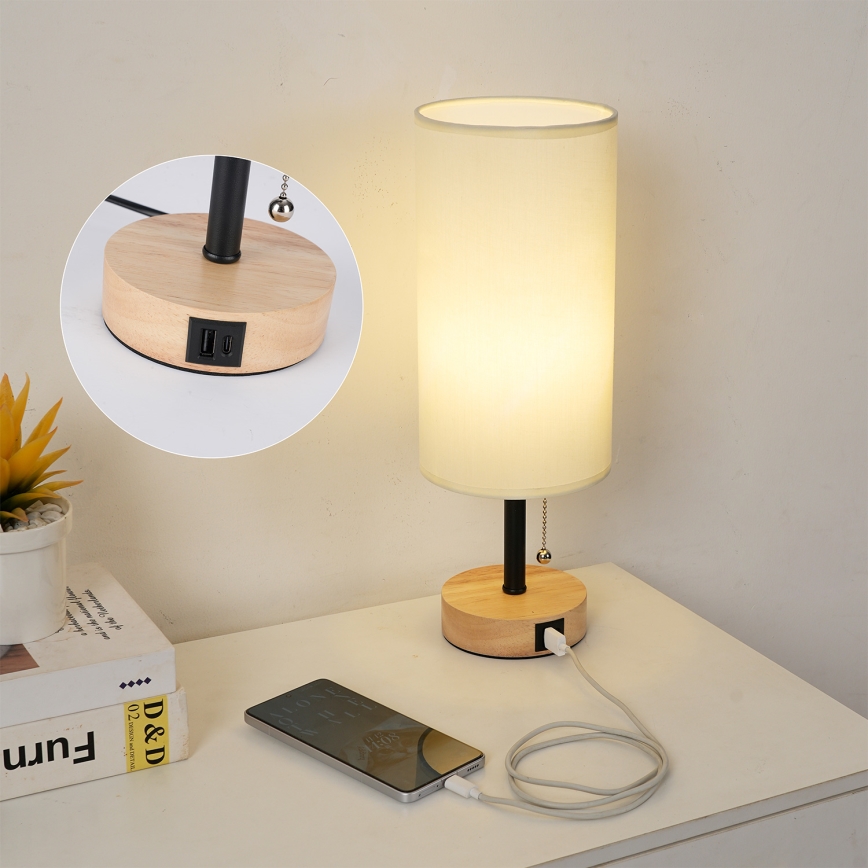Brilagi - Lampe de table avec port USB TABLON 1xE27/25W/230V chêne/noir/crème