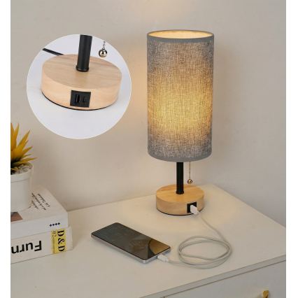 Brilagi - Lampe de table avec port USB TABLON 1xE27/25W/230V chêne/noir/gris