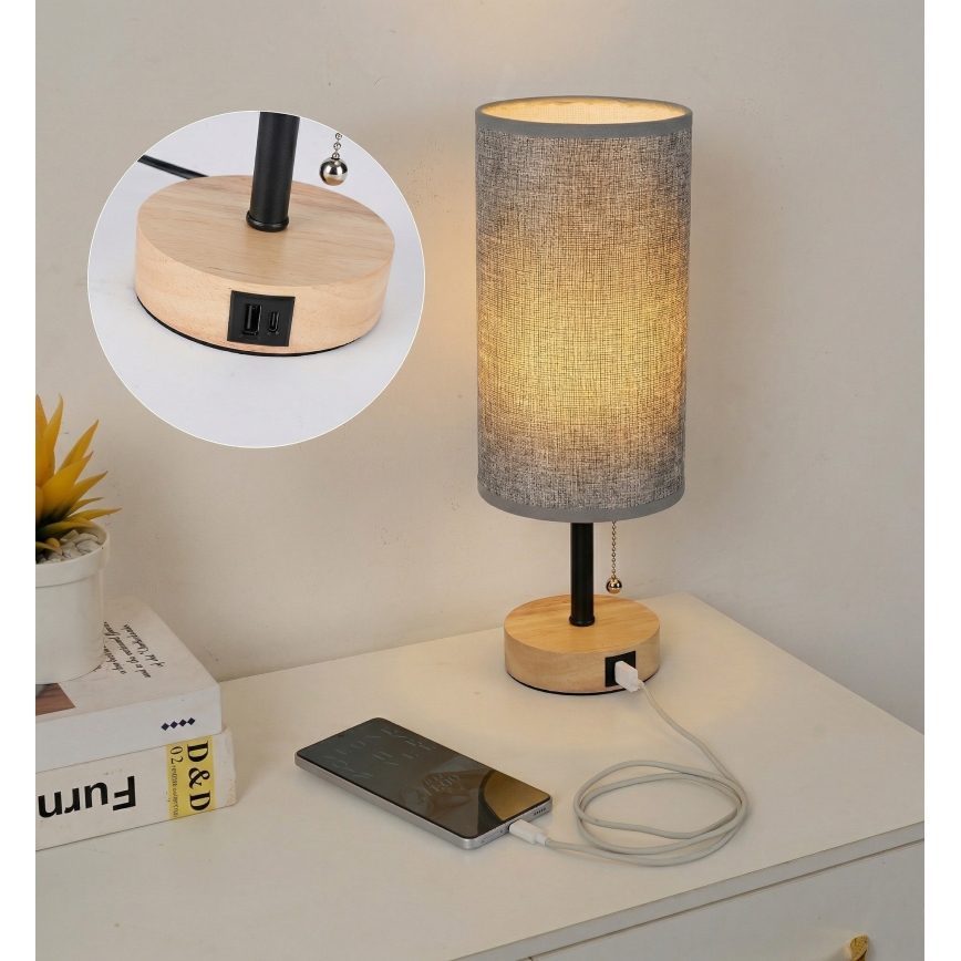 Brilagi - Lampe de table avec port USB TABLON 1xE27/25W/230V chêne/noir/gris