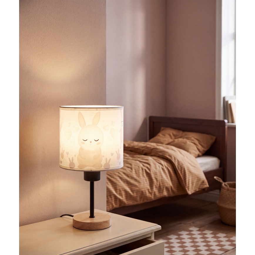 Brilagi - Lampe de table pour enfant BOBO WOOD 1xE27/25W/230V chêne/noir/blanc/lapins