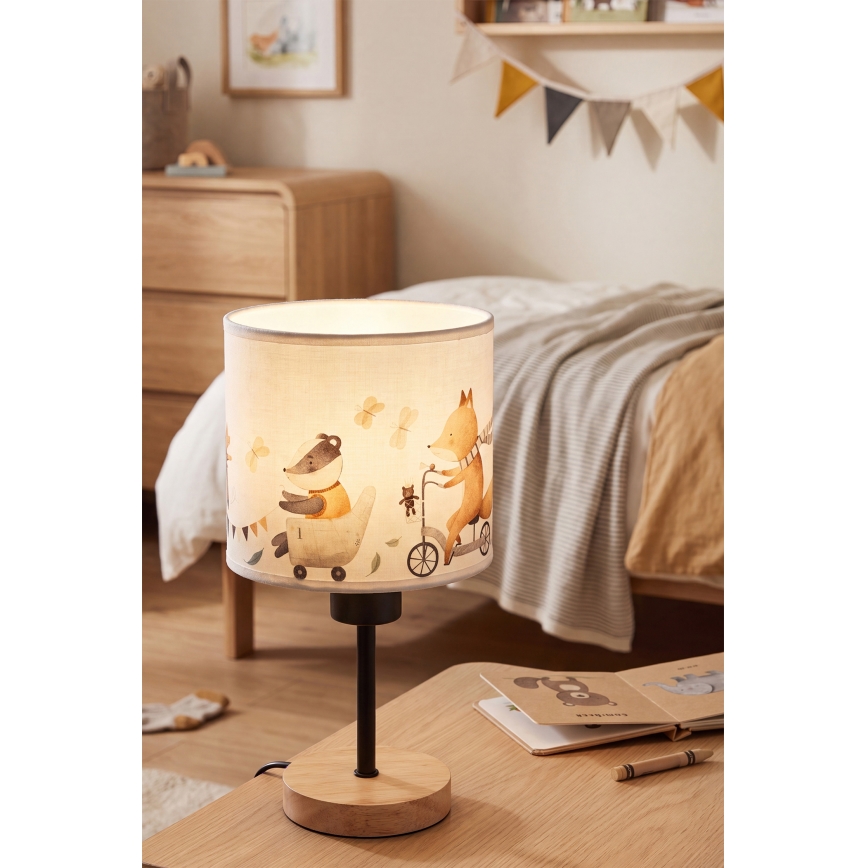 Brilagi - Lampe de table pour enfants BOBO WOOD 1xE27/25W/230V chêne/noir/blanc/motifs animaux