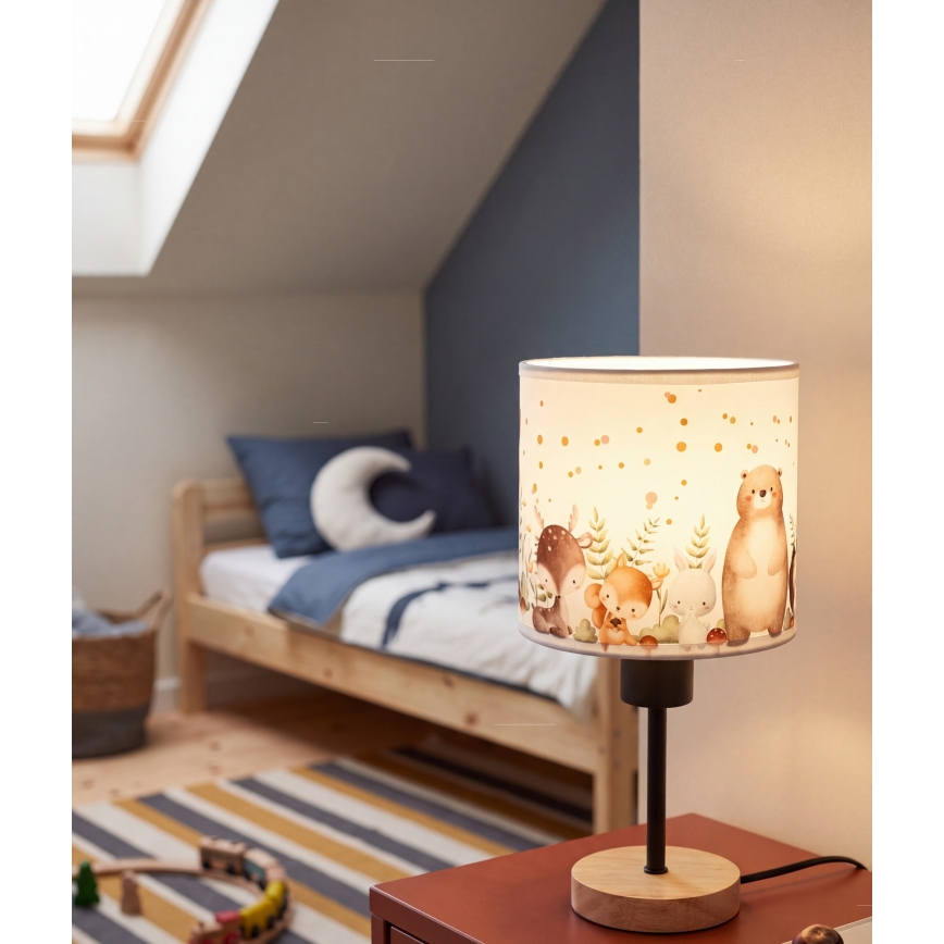 Brilagi - Lampe de table pour enfants BOBO WOOD 1xE27/25W/230V chêne/noir/blanc/motifs animaux