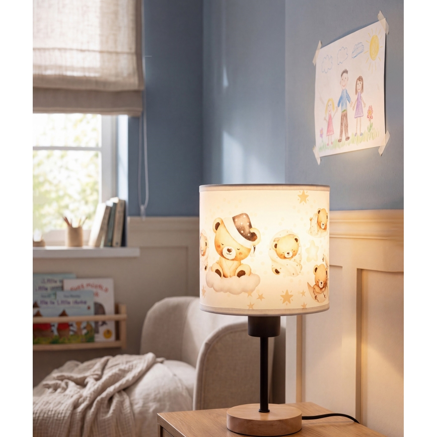 Brilagi - Lampe de table pour enfants BOBO WOOD 1xE27/25W/230V chêne/noir/blanc/à motif oursons