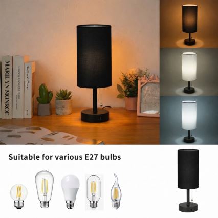 Brilagi - Lampe de table TABLON avec port USB 1x E27/25W/230V, noire