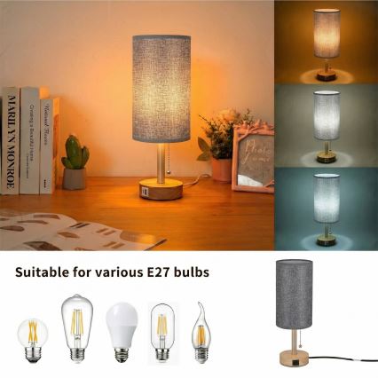 Brilagi - Lampe de table TABLON avec port USB 1xE27/25W/230V chêne/beige/gris