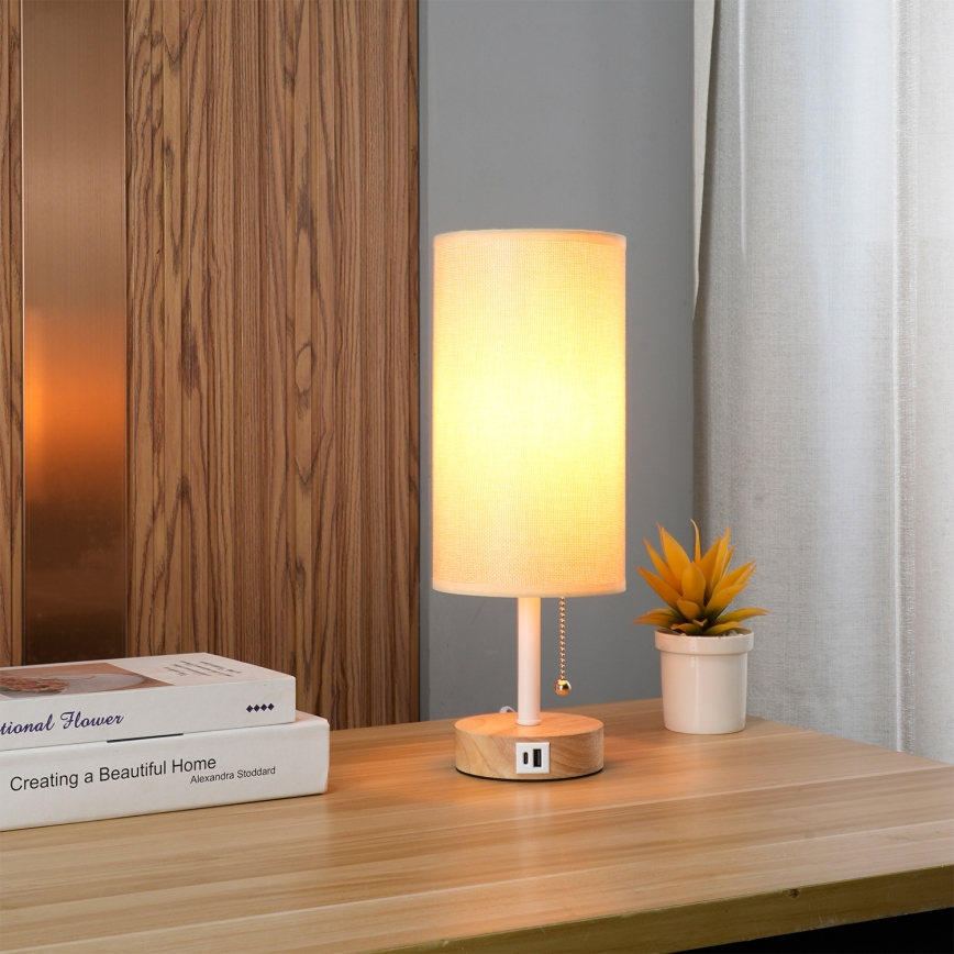 Brilagi - Lampe de table TABLON avec port USB, 1xE27/25W/230V, chêne/blanc/beige