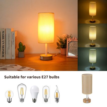 Brilagi - Lampe de table TABLON avec port USB, 1xE27/25W/230V, chêne/blanc/beige