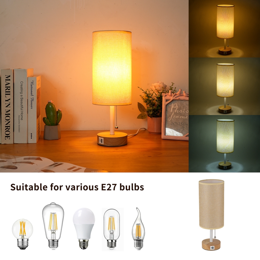 Brilagi - Lampe de table TABLON avec port USB, 1xE27/25W/230V, chêne/blanc/beige