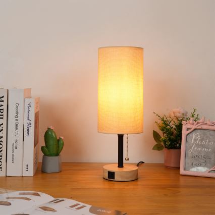 Brilagi - Lampe de table TABLON avec port USB 1xE27/25W/230V chêne/noir/beige